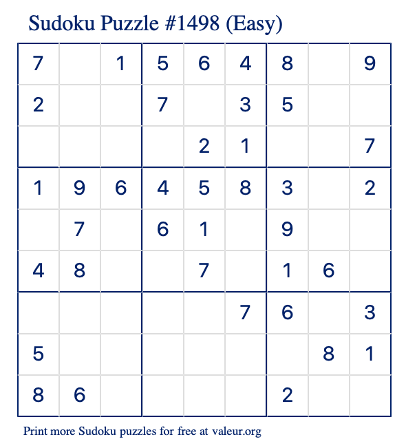 Free Printable Easy Sudoku Puzzle number 1498