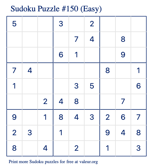 Free Printable Easy Sudoku Puzzle number 150