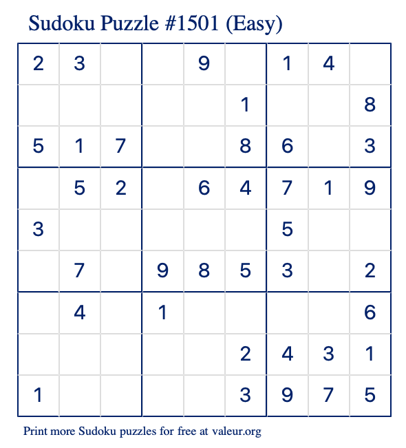 Free Printable Easy Sudoku Puzzle number 1501