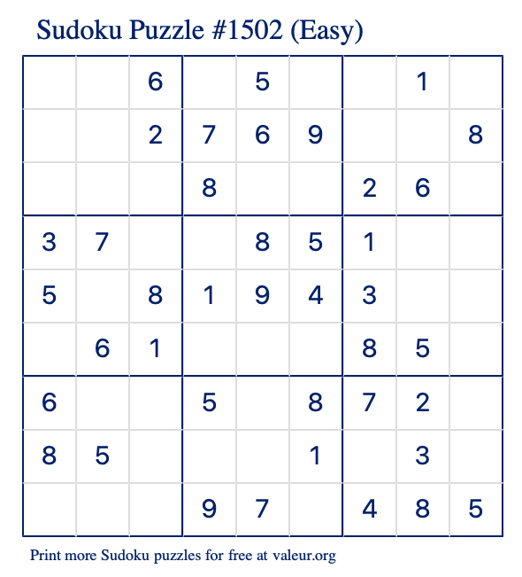 Free Printable Easy Sudoku Puzzle number 1502