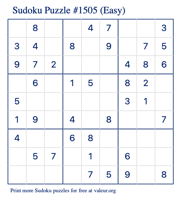 Free Printable Easy Sudoku Puzzle number 1505
