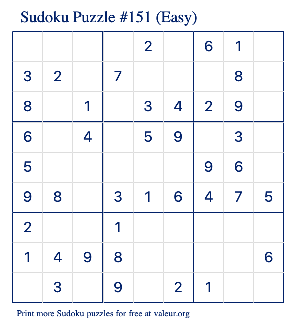 Free Printable Easy Sudoku Puzzle number 151