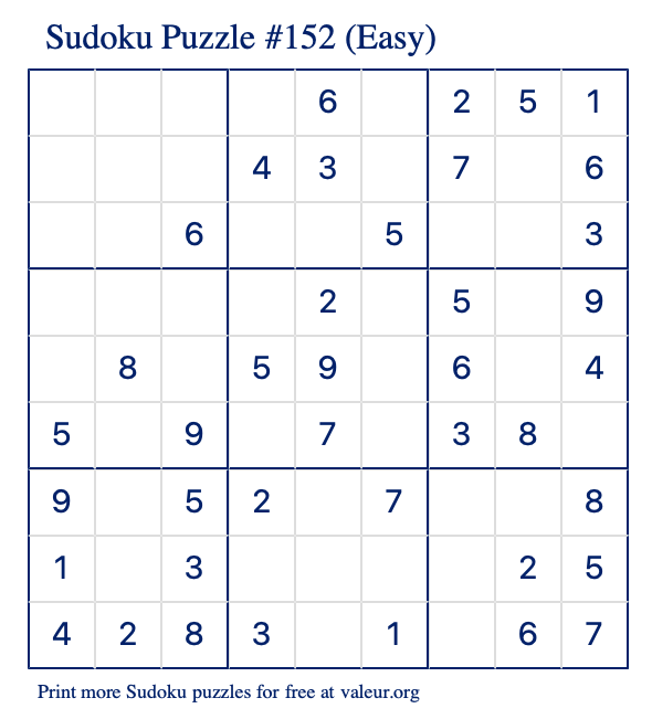 Free Printable Easy Sudoku Puzzle number 152