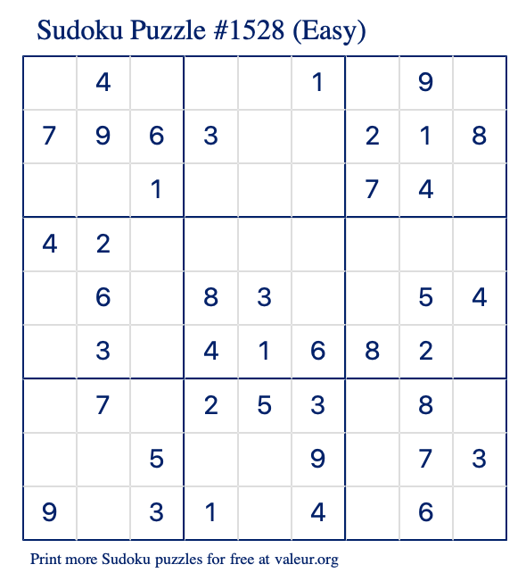 Free Printable Easy Sudoku Puzzle number 1528