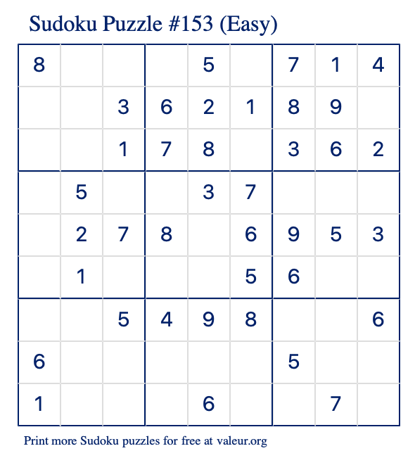 Free Printable Easy Sudoku Puzzle number 153