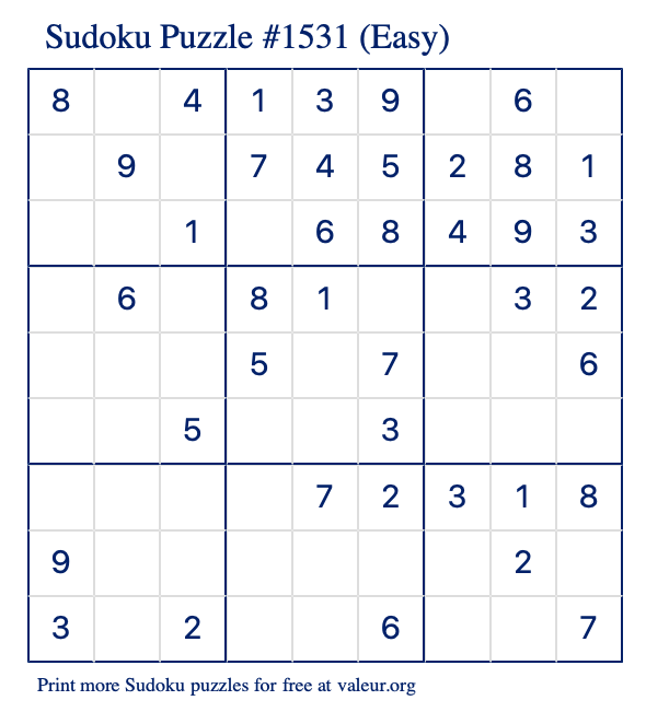Free Printable Easy Sudoku Puzzle number 1531