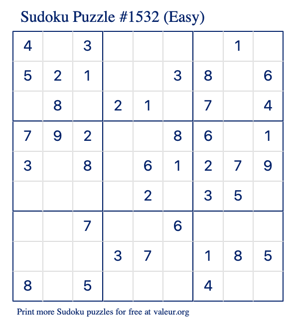 Free Printable Easy Sudoku Puzzle number 1532