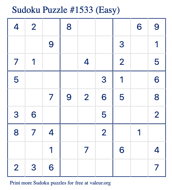 Free Printable Easy Sudoku Puzzle number 1533