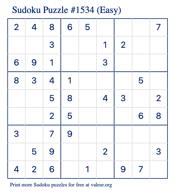 Free Printable Easy Sudoku Puzzle number 1534
