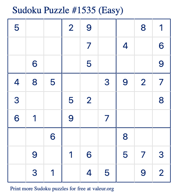 Free Printable Easy Sudoku Puzzle number 1535