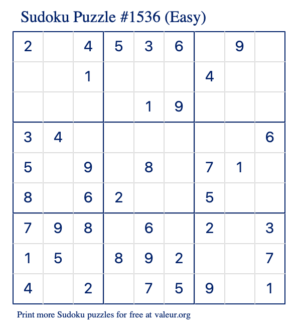 Free Printable Easy Sudoku Puzzle number 1536