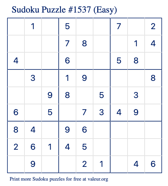 Free Printable Easy Sudoku Puzzle number 1537