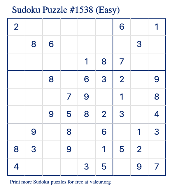 Free Printable Easy Sudoku Puzzle number 1538