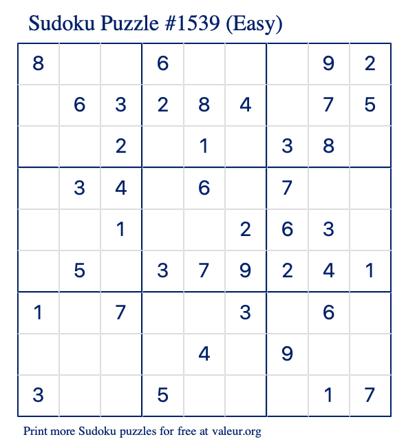 Free Printable Easy Sudoku Puzzle number 1539