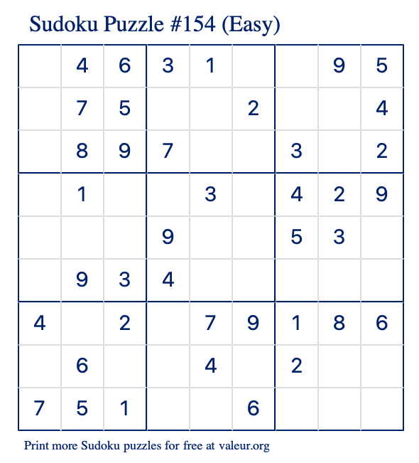 Free Printable Easy Sudoku Puzzle number 154