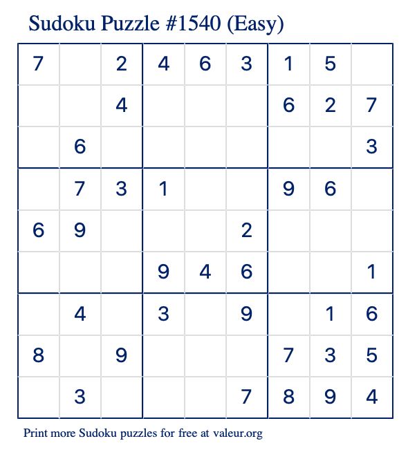 Free Printable Easy Sudoku Puzzle number 1540