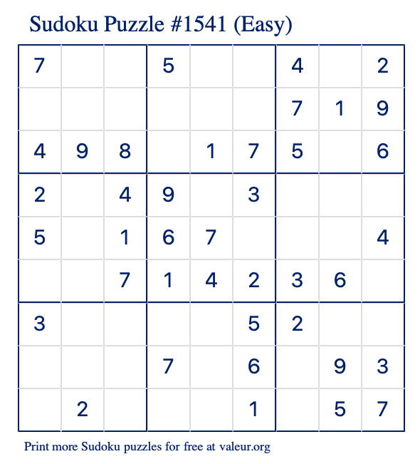 Free Printable Easy Sudoku Puzzle number 1541