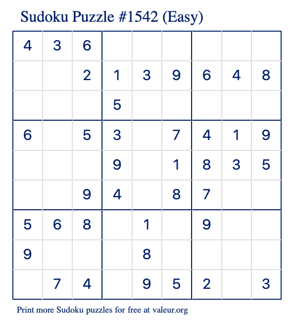 Free Printable Easy Sudoku Puzzle number 1542