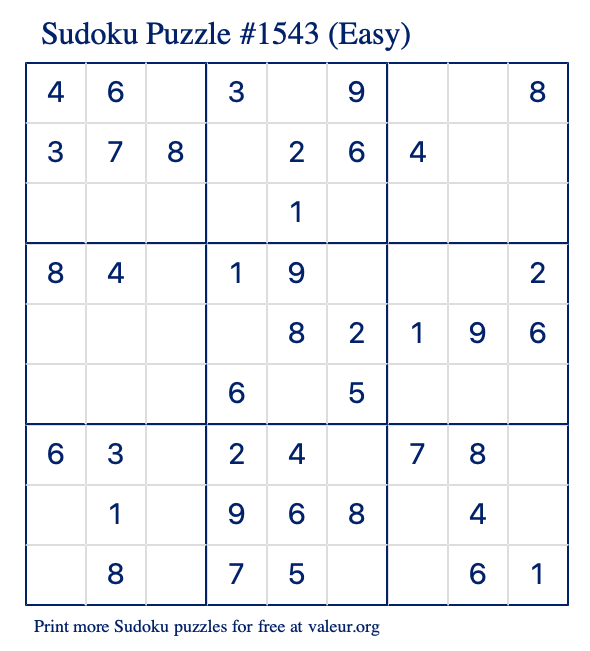 Free Printable Easy Sudoku Puzzle number 1543