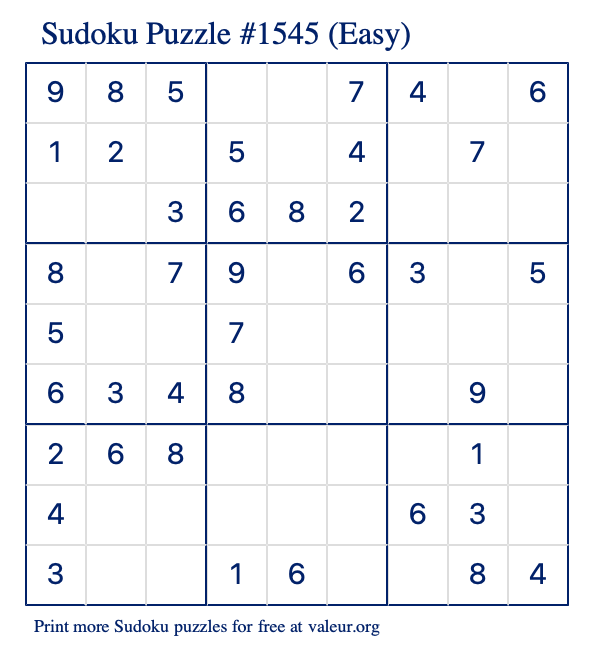 Free Printable Easy Sudoku Puzzle number 1545