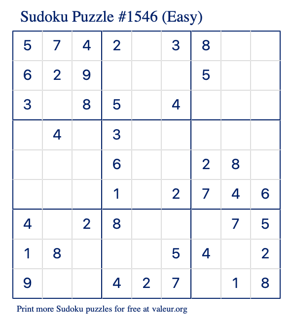 Free Printable Easy Sudoku Puzzle number 1546