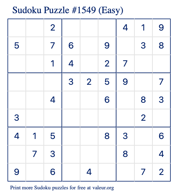 Free Printable Easy Sudoku Puzzle number 1549