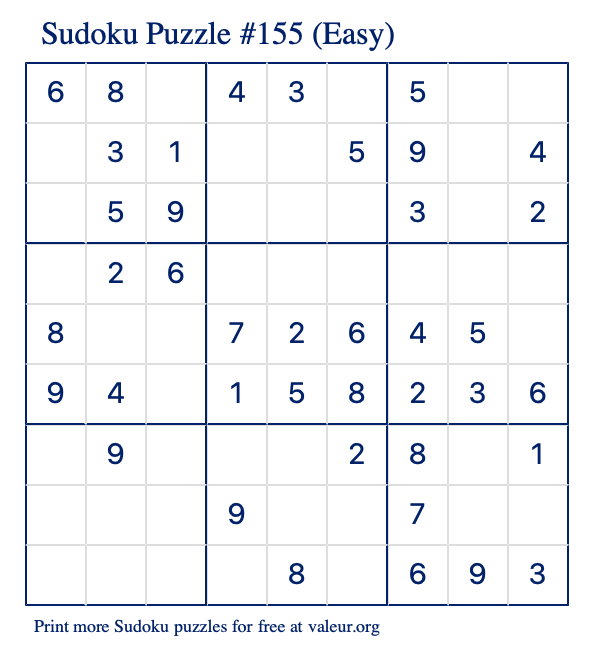 Free Printable Easy Sudoku Puzzle number 155