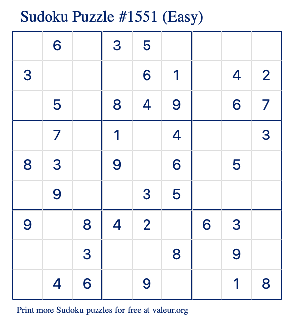 Free Printable Easy Sudoku Puzzle number 1551