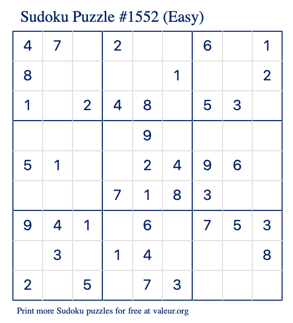 Free Printable Easy Sudoku Puzzle number 1552