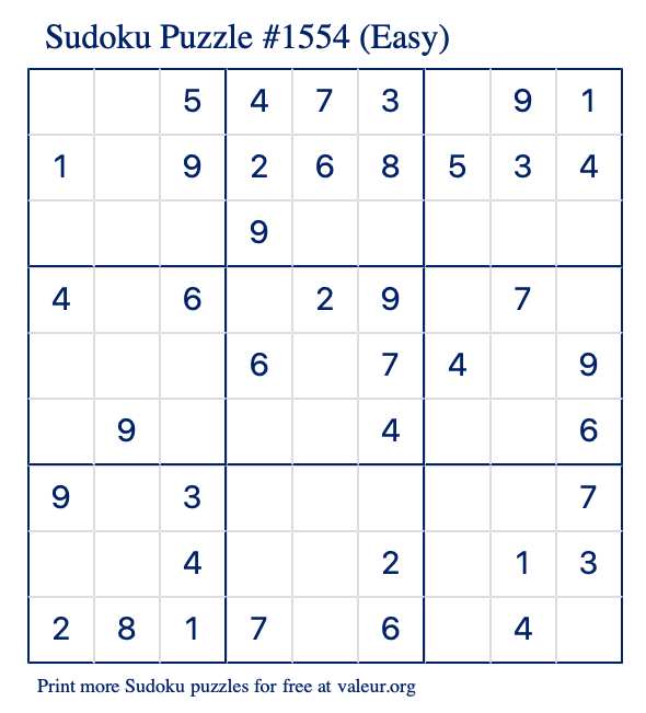 Free Printable Easy Sudoku Puzzle number 1554