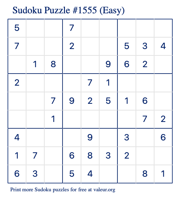 Free Printable Easy Sudoku Puzzle number 1555