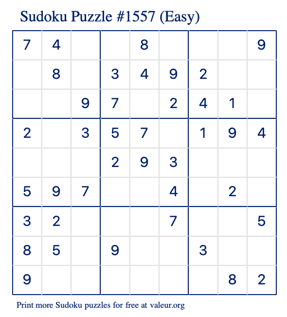 Free Printable Easy Sudoku Puzzle number 1557