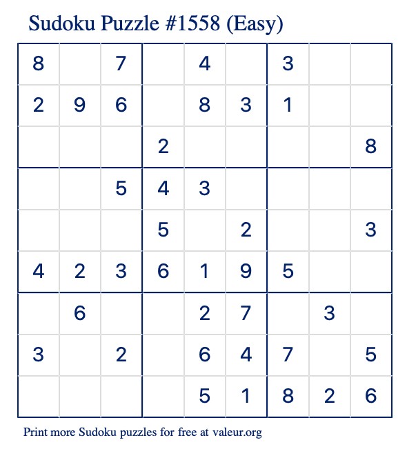 Free Printable Easy Sudoku Puzzle number 1558