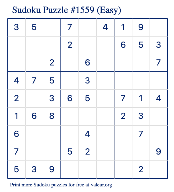 Free Printable Easy Sudoku Puzzle number 1559
