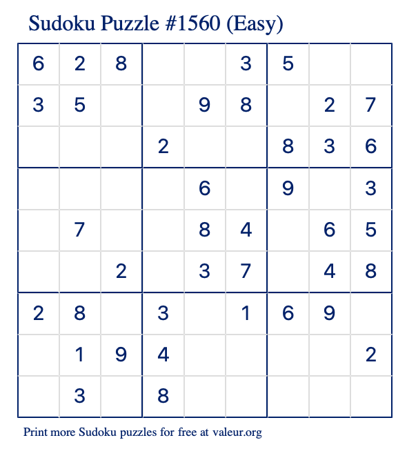 Free Printable Easy Sudoku Puzzle number 1560