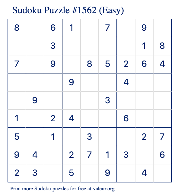 Free Printable Easy Sudoku Puzzle number 1562