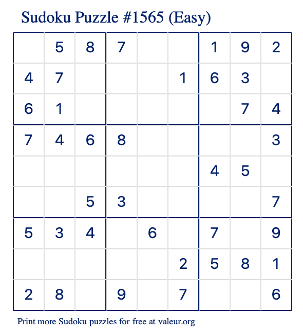 Free Printable Easy Sudoku Puzzle number 1565
