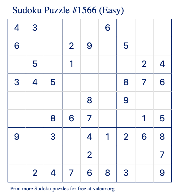 Free Printable Easy Sudoku Puzzle number 1566