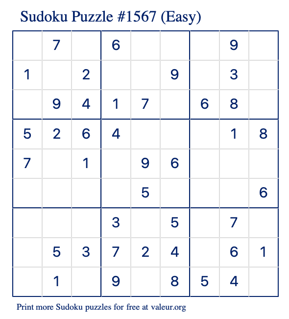 Free Printable Easy Sudoku Puzzle number 1567