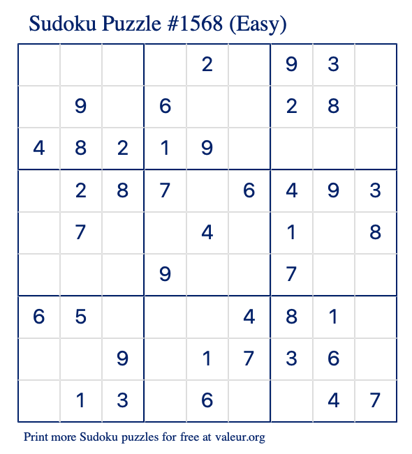 Free Printable Easy Sudoku Puzzle number 1568