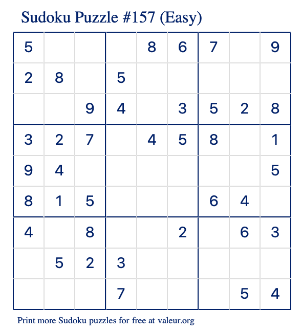 Free Printable Easy Sudoku Puzzle number 157