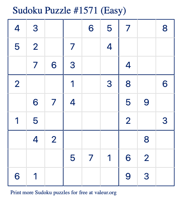 Free Printable Easy Sudoku Puzzle number 1571