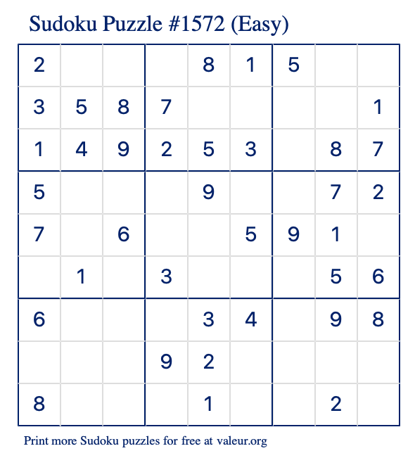 Free Printable Easy Sudoku Puzzle number 1572
