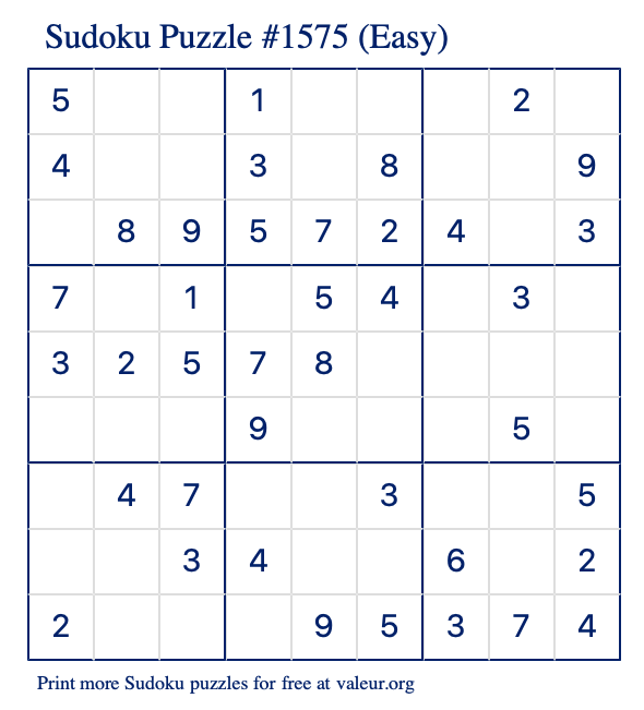 Free Printable Easy Sudoku Puzzle number 1575