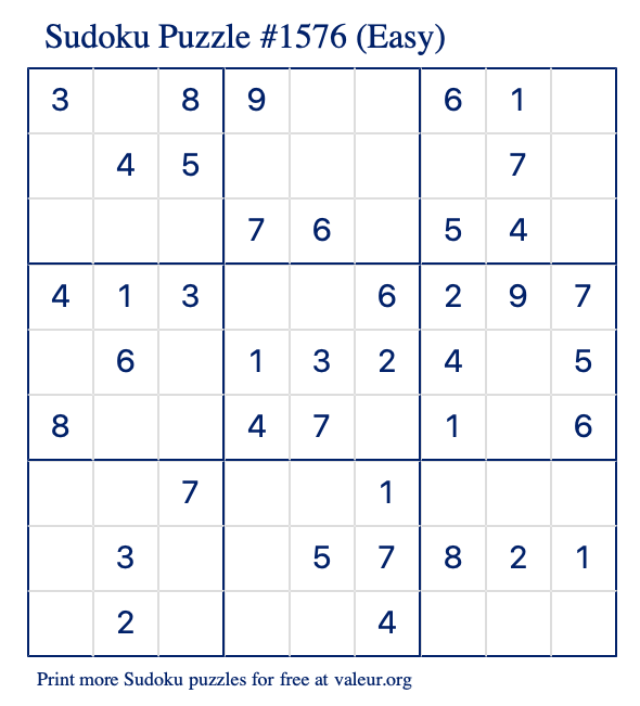 Free Printable Easy Sudoku Puzzle number 1576