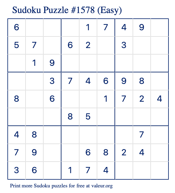 Free Printable Easy Sudoku Puzzle number 1578