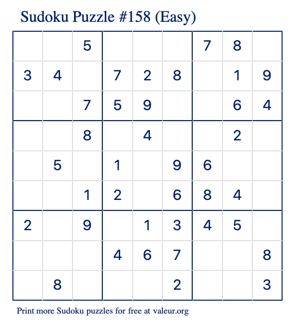 Free Printable Easy Sudoku Puzzle number 158