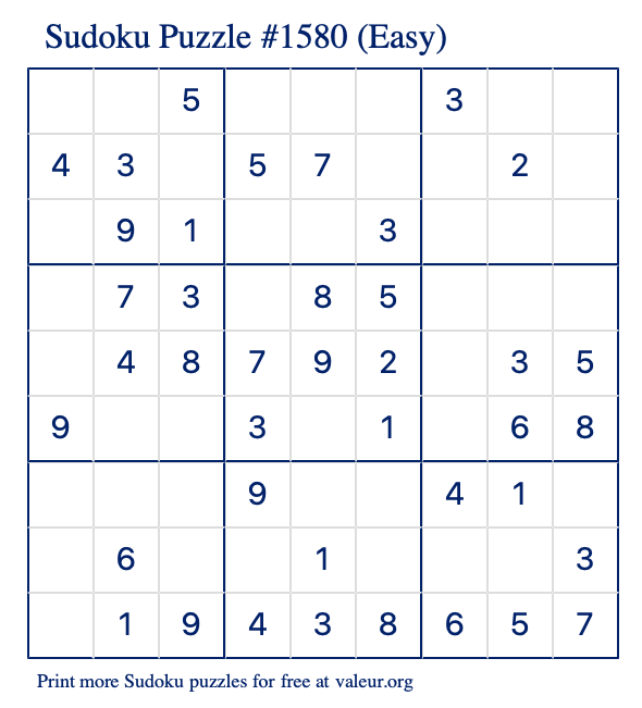 Free Printable Easy Sudoku Puzzle number 1580