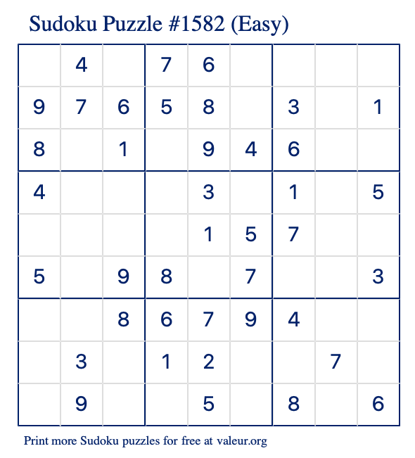 Free Printable Easy Sudoku Puzzle number 1582