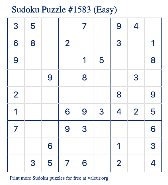 Free Printable Easy Sudoku Puzzle number 1583